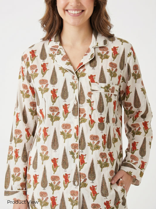 Women’s White Garden Whispers Print Cotton Night Suit Set – Cute Two Piece Pajama Set