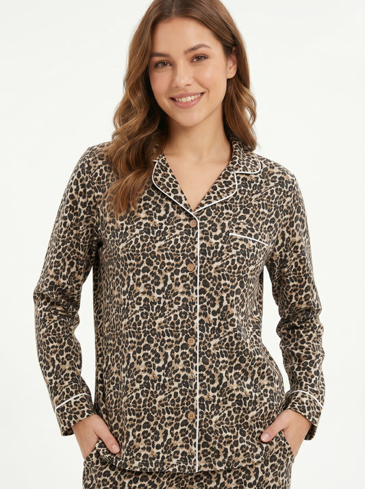 Women's Wild Brown Cheetah Nights Cotton Night Suit Set – Elegant Two Piece Pajama Set