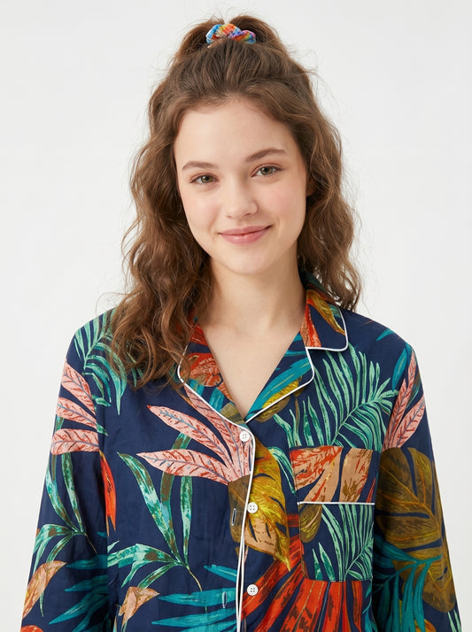 Women's Black Tropical Cotton Night Suit Set – Elegant Two Piece Pajama Set