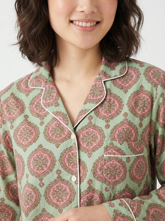Women's Pastel Green Floral Cotton Night Suit Set – Two Piece Pajama Set