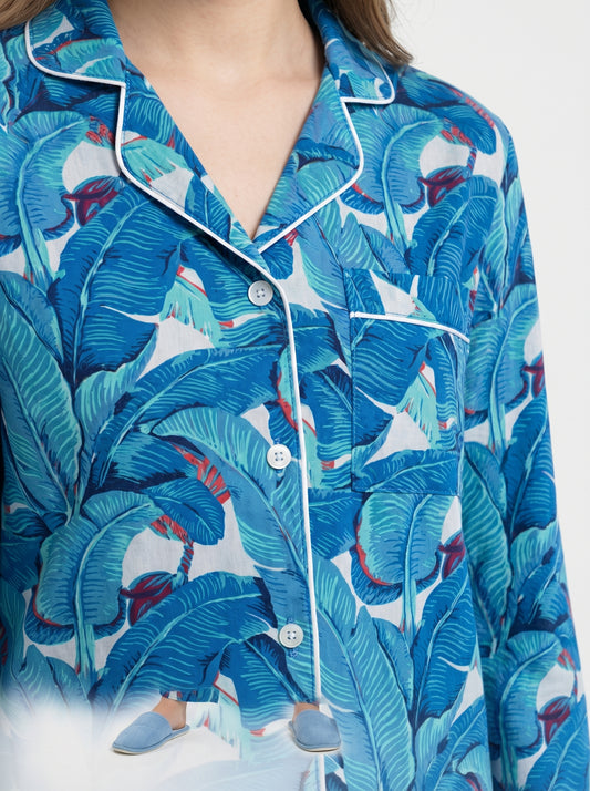 Women’s Blue Azure Leaf Dreams Cotton Night Suit Set – Cute Two Piece Pajama Set