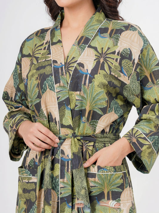 Peacock Grace women's cotton enchanted jungle kimono. Elegant floral
and peacock pattern printed cotton robe for lounging.