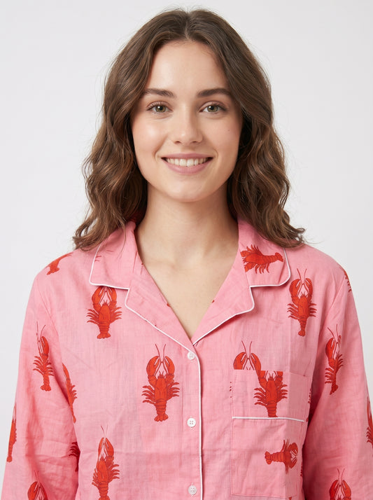 Women's Pink Lobster Love Cotton Night Suit Set – Elegant Two Piece Pajama Set