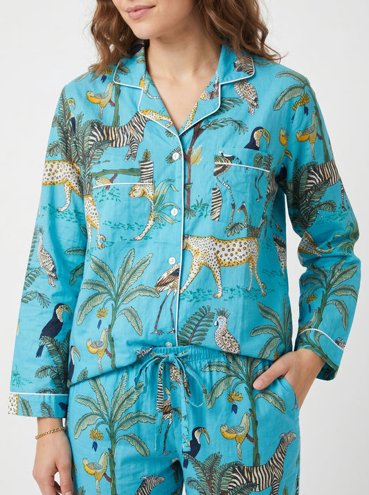 Women's Sky Blue Safari Print Cotton Night Suit Set – Elegant Two Piece Pajama Set