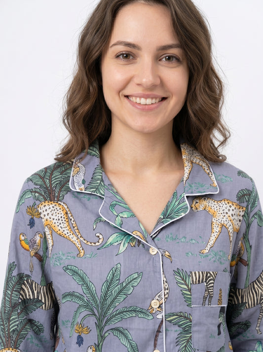 Women's Grey Safari Print Cotton Night Suit Set – Elegant Two Piece Pajama Set