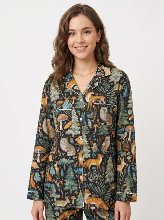 Women's Black Midnight Jungle Cotton Night Suit Set – Elegant Two Piece Pajama Set