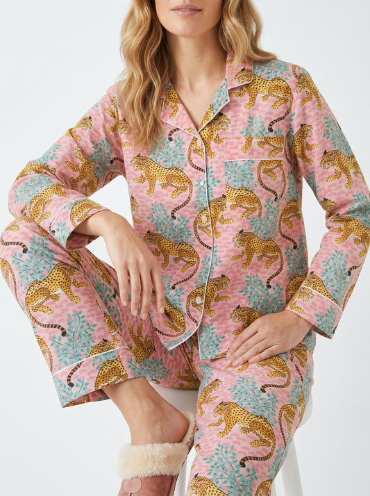Women’s Pink & Blue Leopard Print Cotton Night Suit Set – Elegant Two Piece Pajama Set