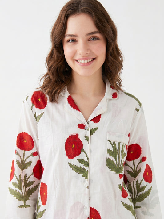 Women’s Red Bloom Delight Print Cotton Night Suit Set - Elegant Two Piece Pajama Set