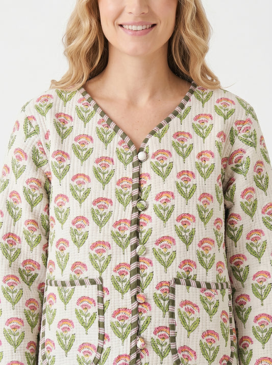 White Winter Bloom - Cotton Quilted Reversible Jacket