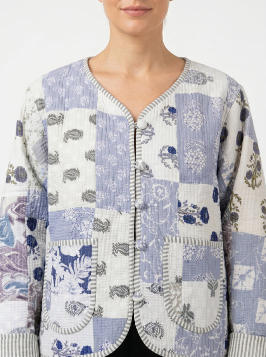 White Blue Mist – Patchwork Cotton Quilted Reversible Jacket