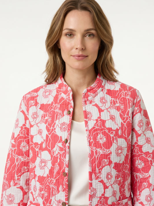 Pink Floral – Long Cotton Quilted Reversible Jacket
