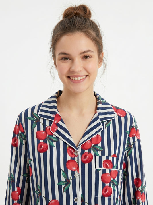 Women’s Black White Striped Cherry Print Cotton Night Suit Set– Cute Two Piece Pajama Set