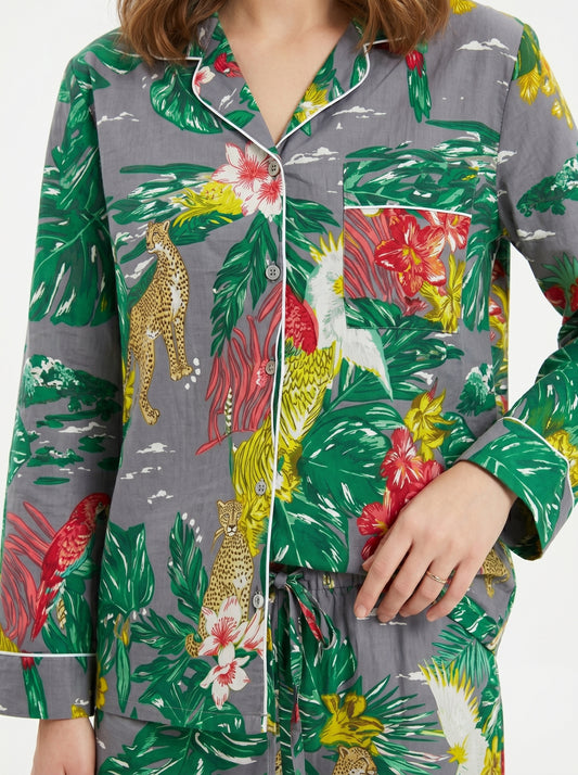 Women’s Grey Tropical Print Cotton Night Suit Set – Cute Two Piece Pajama Set