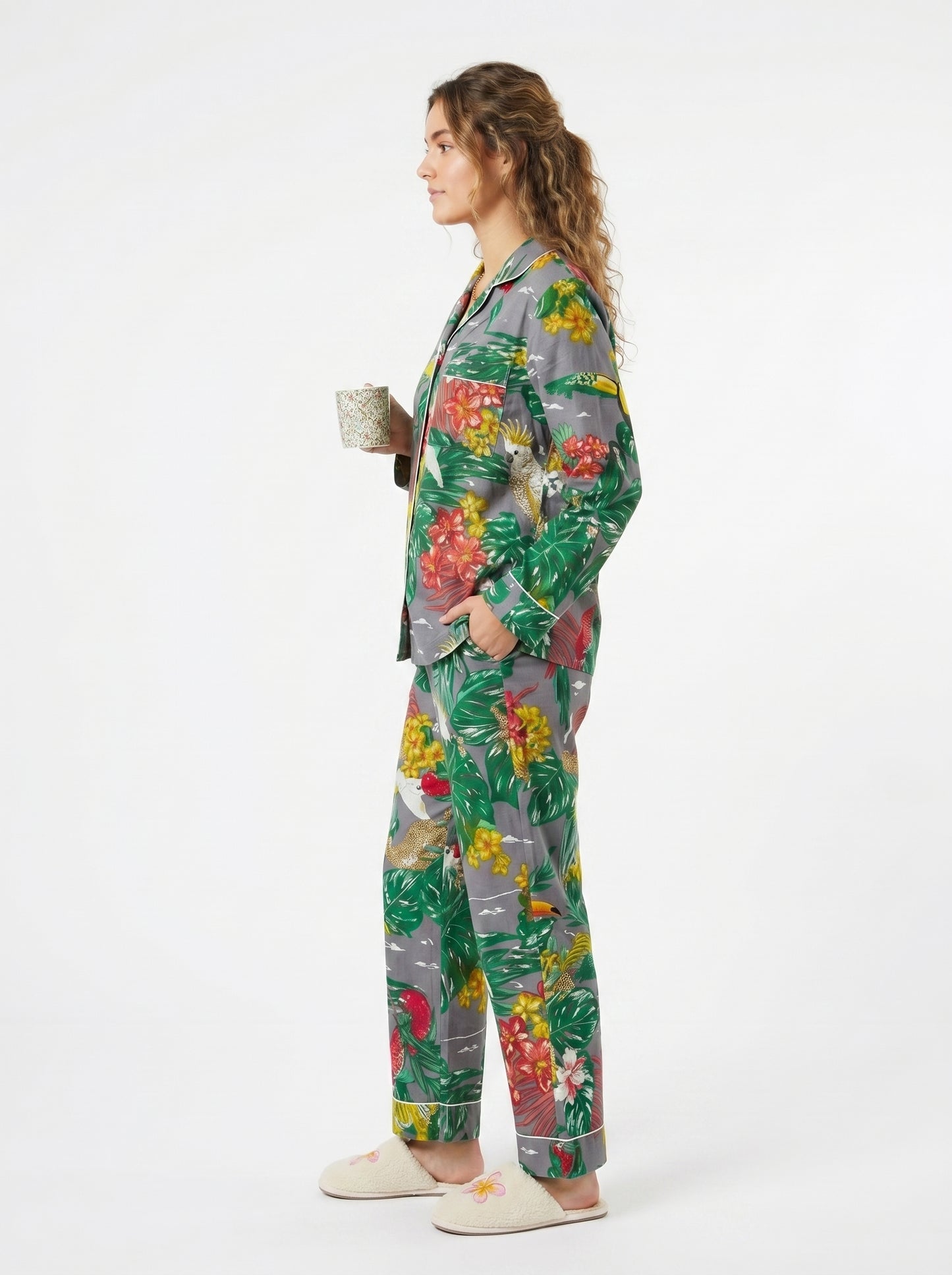 Women’s Grey Tropical Print Cotton Night Suit Set – Cute Two Piece Pajama Set