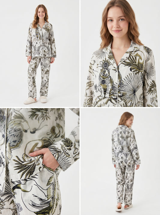 Women’s White Jungle with Brown Hue Cotton Night Suit Set – Elegant Two Piece Pajama Set