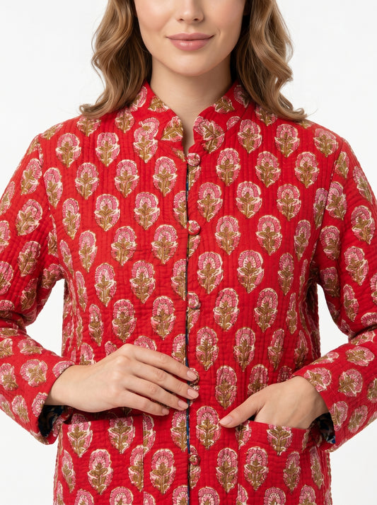 Red Floral – Long Cotton Quilted Reversible Jacket