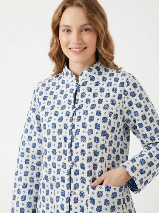 Sky Blue Petals – Long Cotton Quilted Reversible Jacket