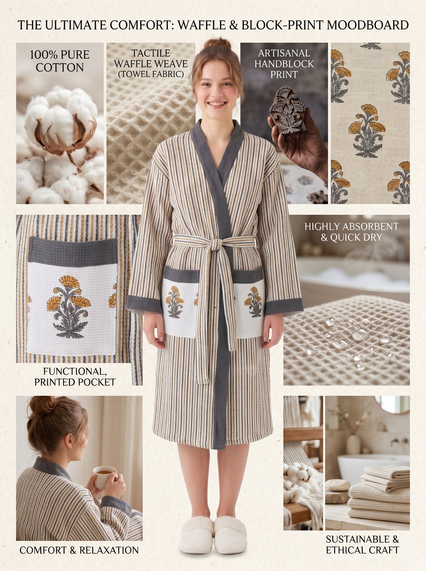 Sunshine Yellow Floral Striped Handblock Cotton Waffle Bathrobe –Luxury Spa Robe