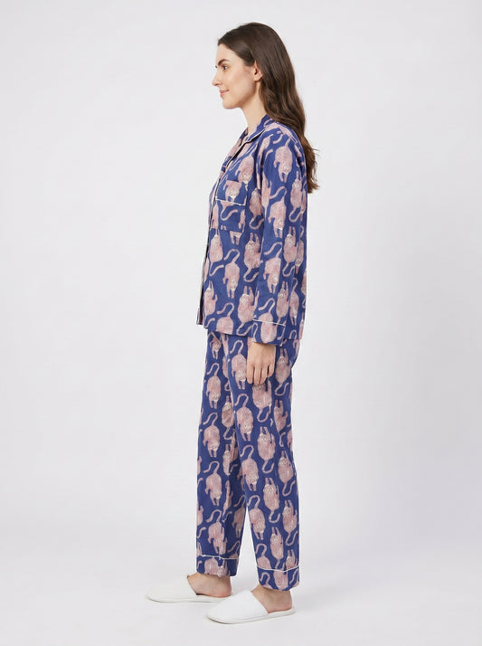Women's Midnight Blue Tiger Print Cotton Night Suit Set – Elegant Two Piece Pajama Set