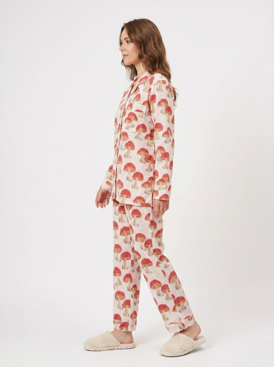 Women's Red Mushroom Print Cotton Night Suit Set – Cute Two Piece Pajama Set