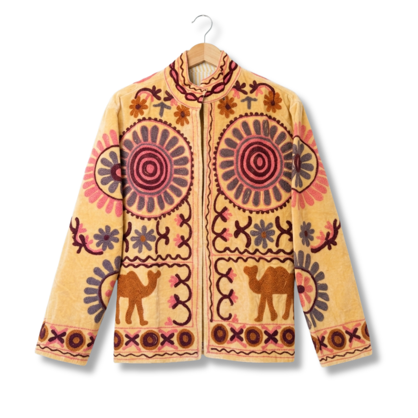 Desert Gold Suzani Jacket – Women’s Yellow Velvet Reversible Embroidered Camel Jacket