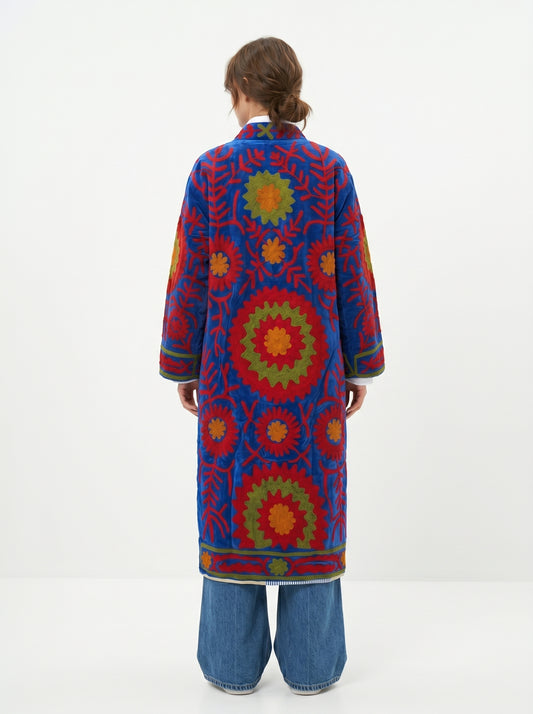 Women's Chic Street 1073 Suzani Reversible Velvet Long Jacket – Artistic Embroidered Statement Jacket
