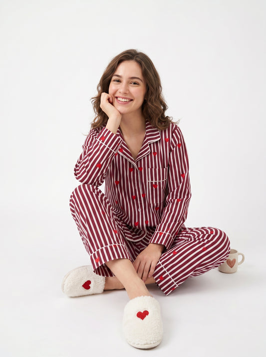 Red Velvet Heart - Cotton Night Suit Set – Elegant Two Piece Pajama Set description