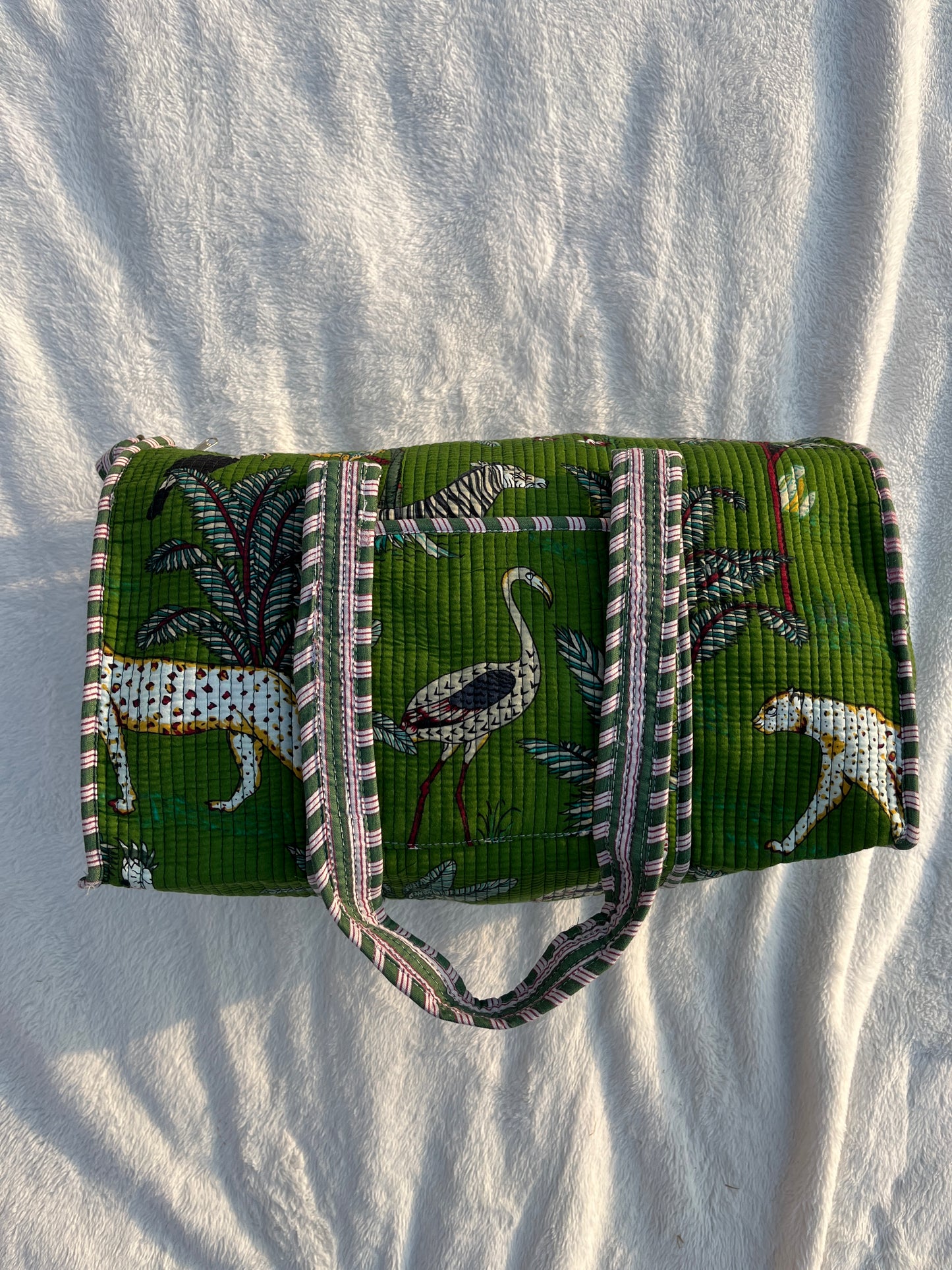 Green Safari Print Quilted Cotton Duffle Bag – Lightweight Travel Weekender