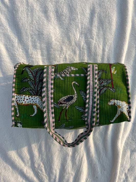 Green Safari Print Quilted Cotton Duffle Bag – Lightweight Travel Weekender