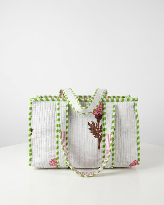 White pink floral Quilted Mini Tote Bag 10X12