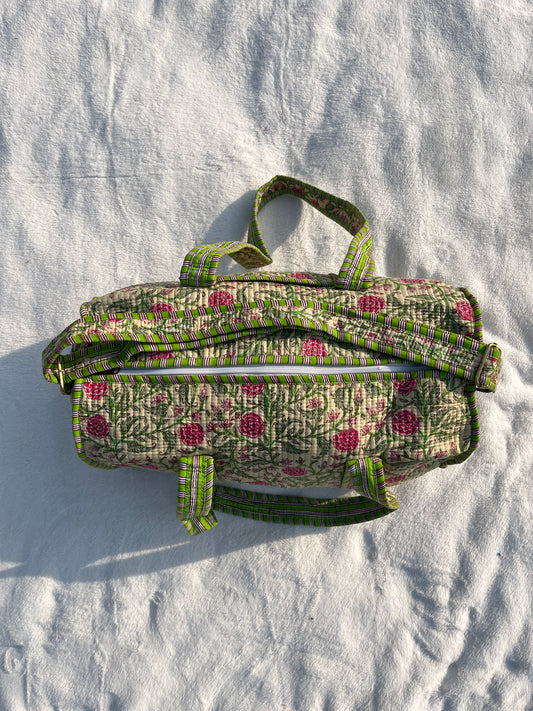Green Red floral Print Quilted Cotton Duffle Bag – Lightweight Travel Weekender