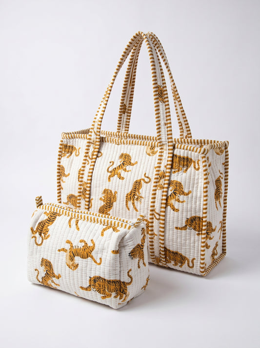 White tiger Quilted Tote & Pouch Set
