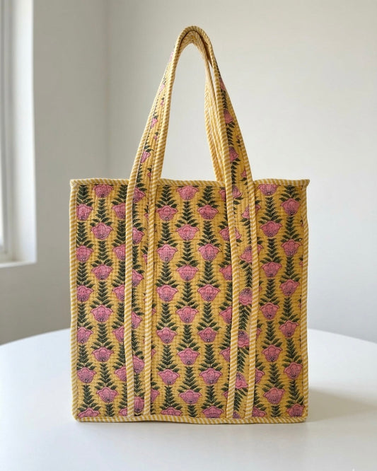 Yellow pink Floral Quilted Mini Tote Bag 14X14