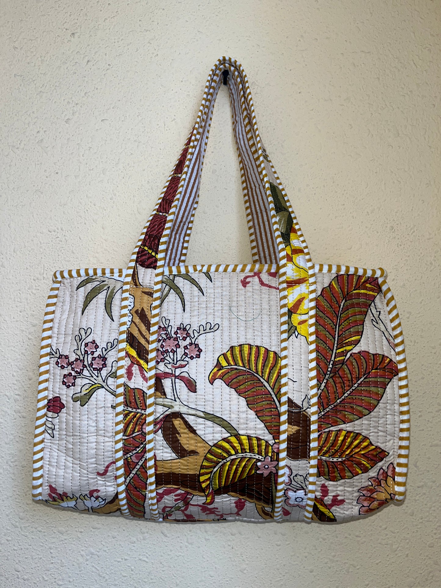Beige floral printed Quilted Mini Tote Bag 10X12