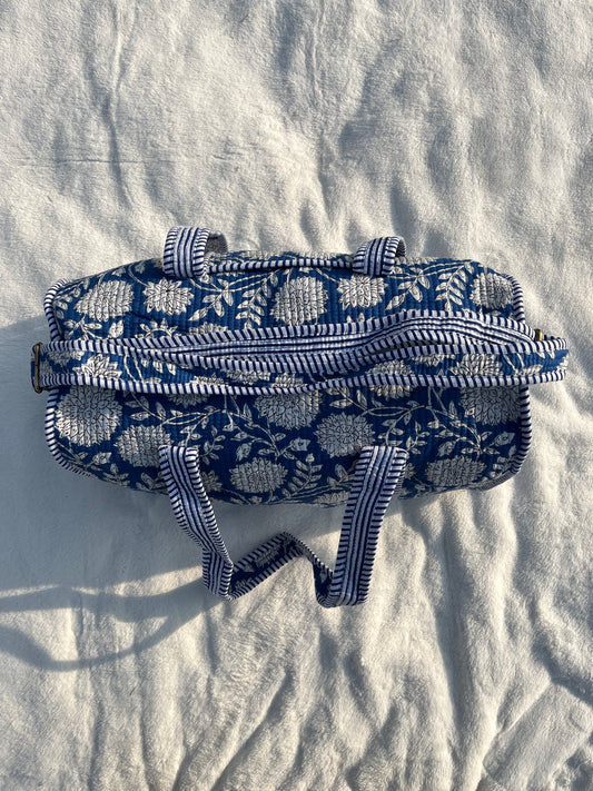 Blue Floral-2 Print Quilted Cotton Duffle Bag – Lightweight Travel Weekender