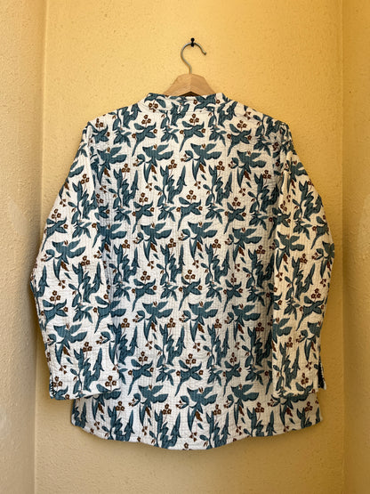 Blue Vine Petals – Long Blue Patchwork Cotton Quilted Reversible Jacket