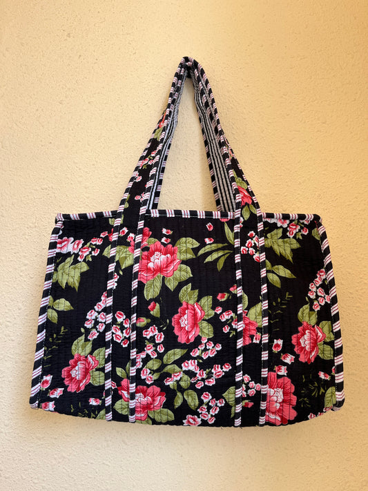 Black Floral Quilted Mini Tote Bag 10X12