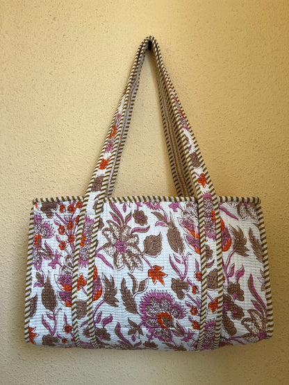 White Floral Quilted Mini Tote Bag 10X12