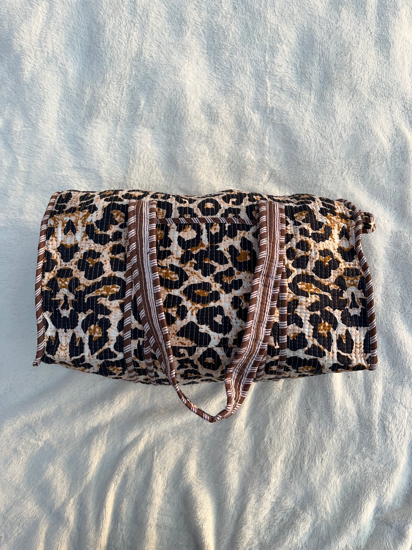 Brown Cheetah print Quilted Cotton Duffle Bag – Lightweight Travel Weekender