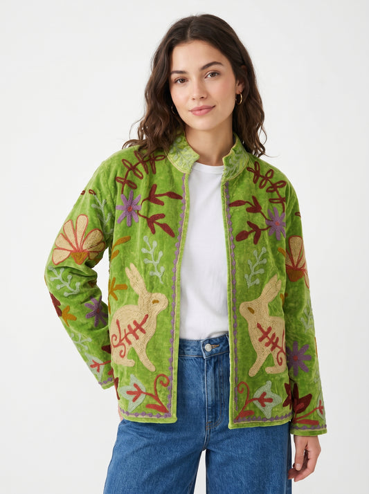 Women's Green Paradise 1029 Suzani Reversible Velvet Jacket – Artistic Embroidered Statement Jacket