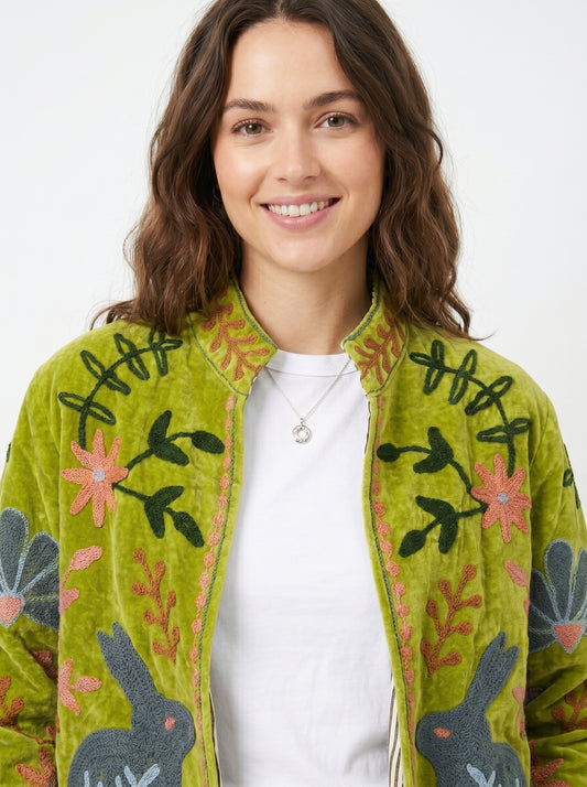 Women's Green Sunset 1030 Suzani Reversible Velvet Jacket – Artistic Embroidered Statement Jacket