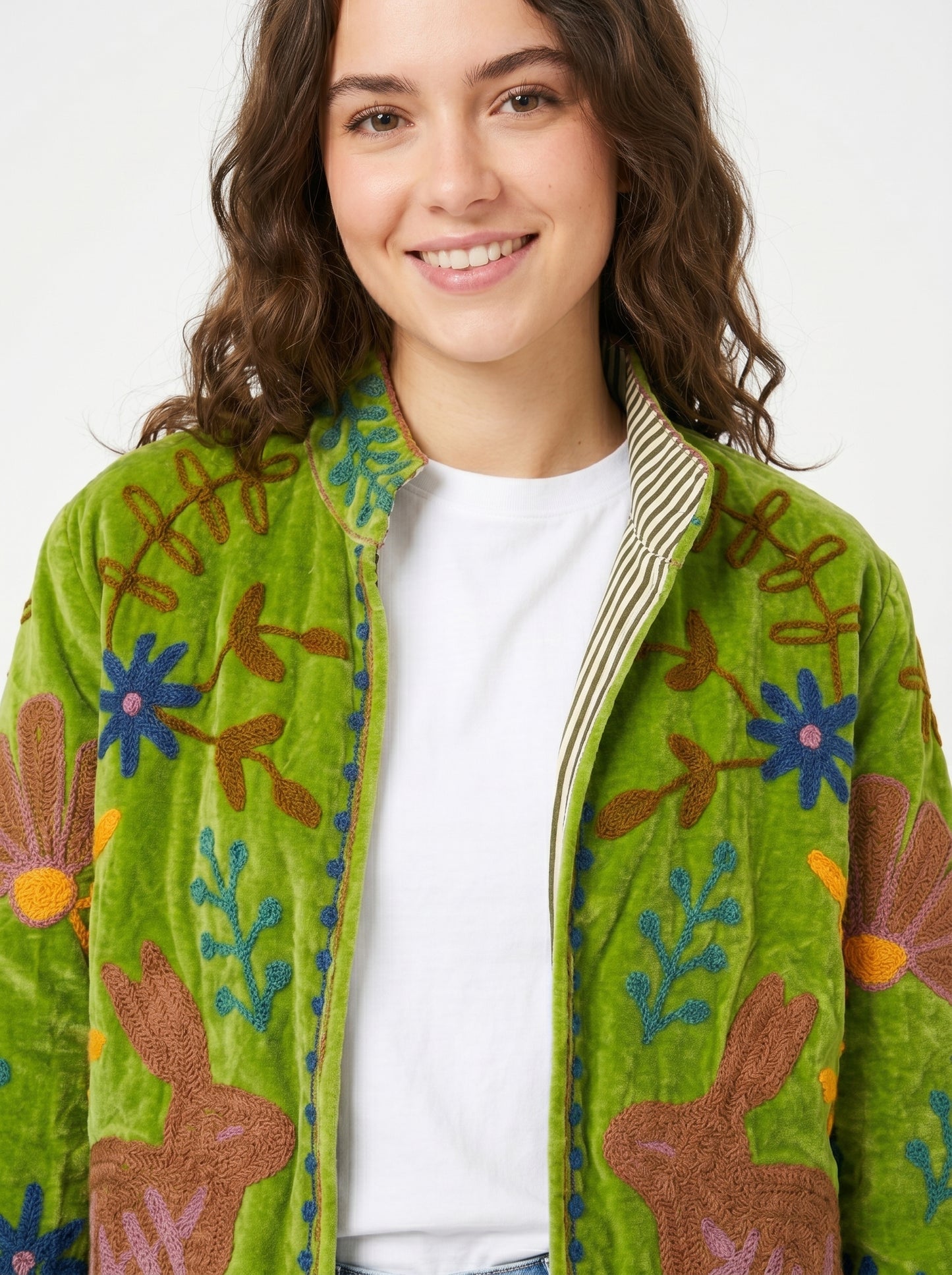 Women's Sunrise in Paradise 1031 Suzani Reversible Velvet Jacket – Artistic Embroidered Statement Jacket