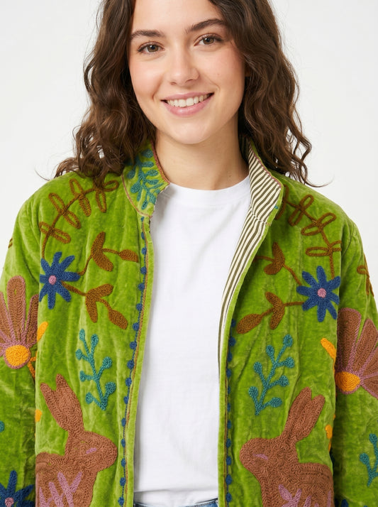 Women's Sunrise in Paradise 1031 Suzani Reversible Velvet Jacket – Artistic Embroidered Statement Jacket