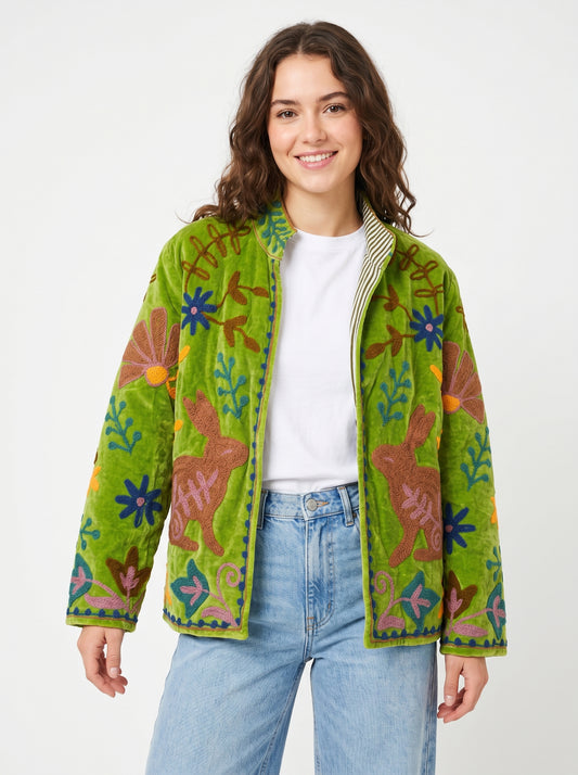 Women's Sunrise in Paradise 1031 Suzani Reversible Velvet Jacket – Artistic Embroidered Statement Jacket