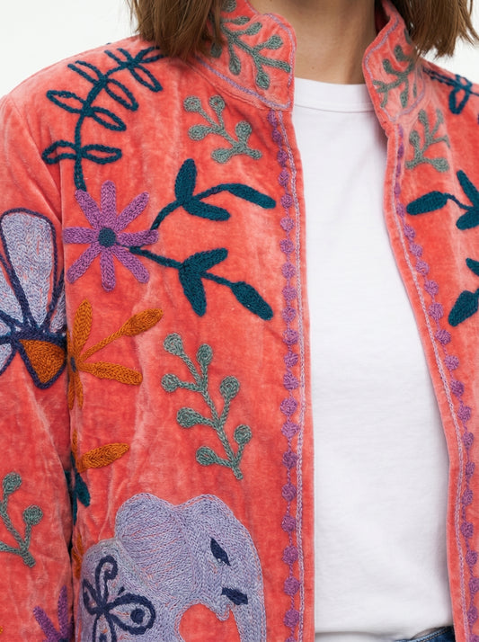 Women's Pink Crush 1036 Suzani Reversible Velvet Jacket – Artistic Embroidered Statement Jacket