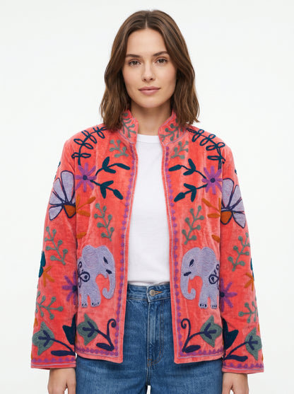 Women's Pink Crush 1036 Suzani Reversible Velvet Jacket – Artistic Embroidered Statement Jacket