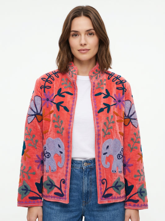 Women's Pink Crush 1036 Suzani Reversible Velvet Jacket – Artistic Embroidered Statement Jacket