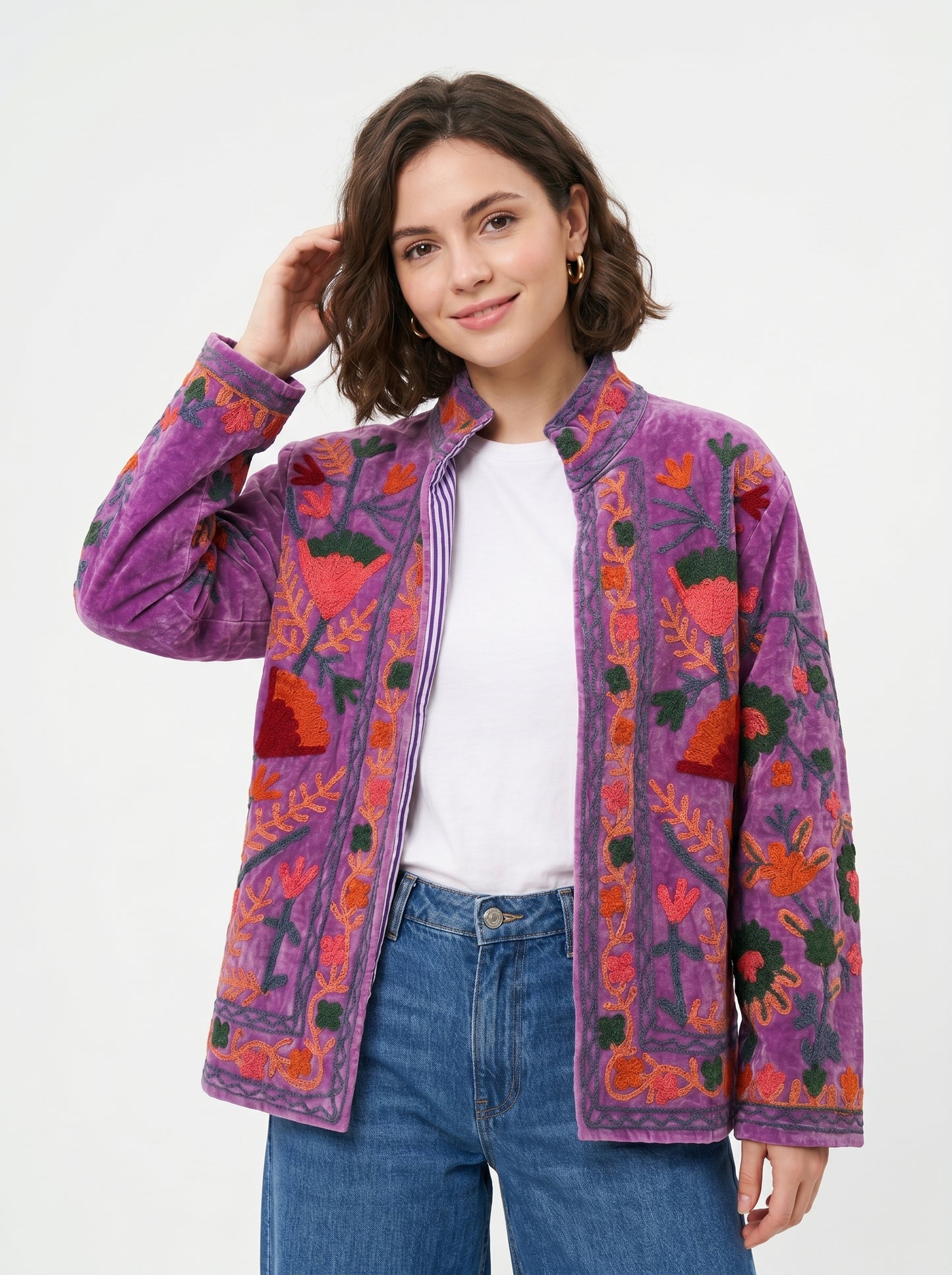 Women's Purple Crush 1037 Suzani Reversible Velvet Jacket – Artistic Embroidered Statement Jacket