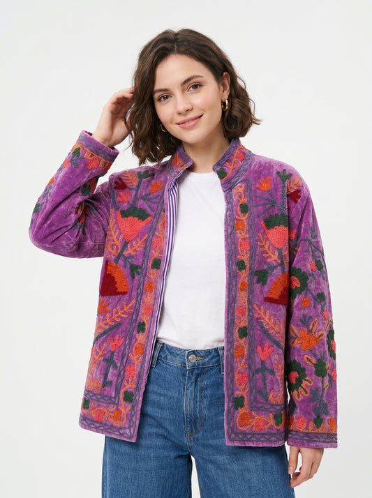 Women's Purple Crush 1037 Suzani Reversible Velvet Jacket – Artistic Embroidered Statement Jacket