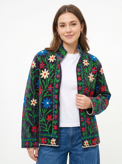 Women's Sugar Charm 1039 Suzani Reversible Velvet Jacket – Artistic Embroidered Statement Jacket